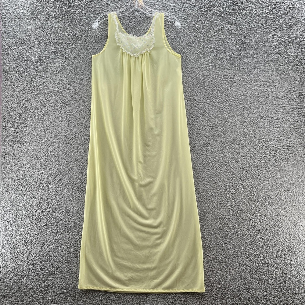 VTG JCPenney Nightgown Women Small Lemon Yellow Nylon Lace Embroidered Long Maxi